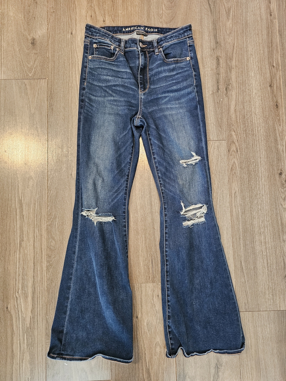 American Eagle Outfitters Dark Blue Distressed Flare Jeans
